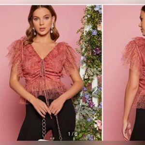 Pink floral tulle ruffle sleeve gathered peplum blouse girlie and fun S